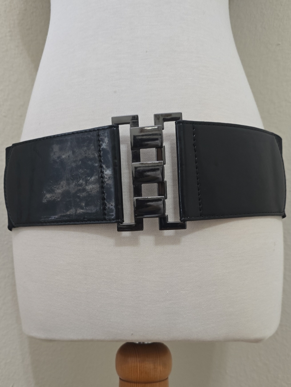 Betsey Johnson Black Wide Elastic Belt with Geometric Gunmetal Buckle